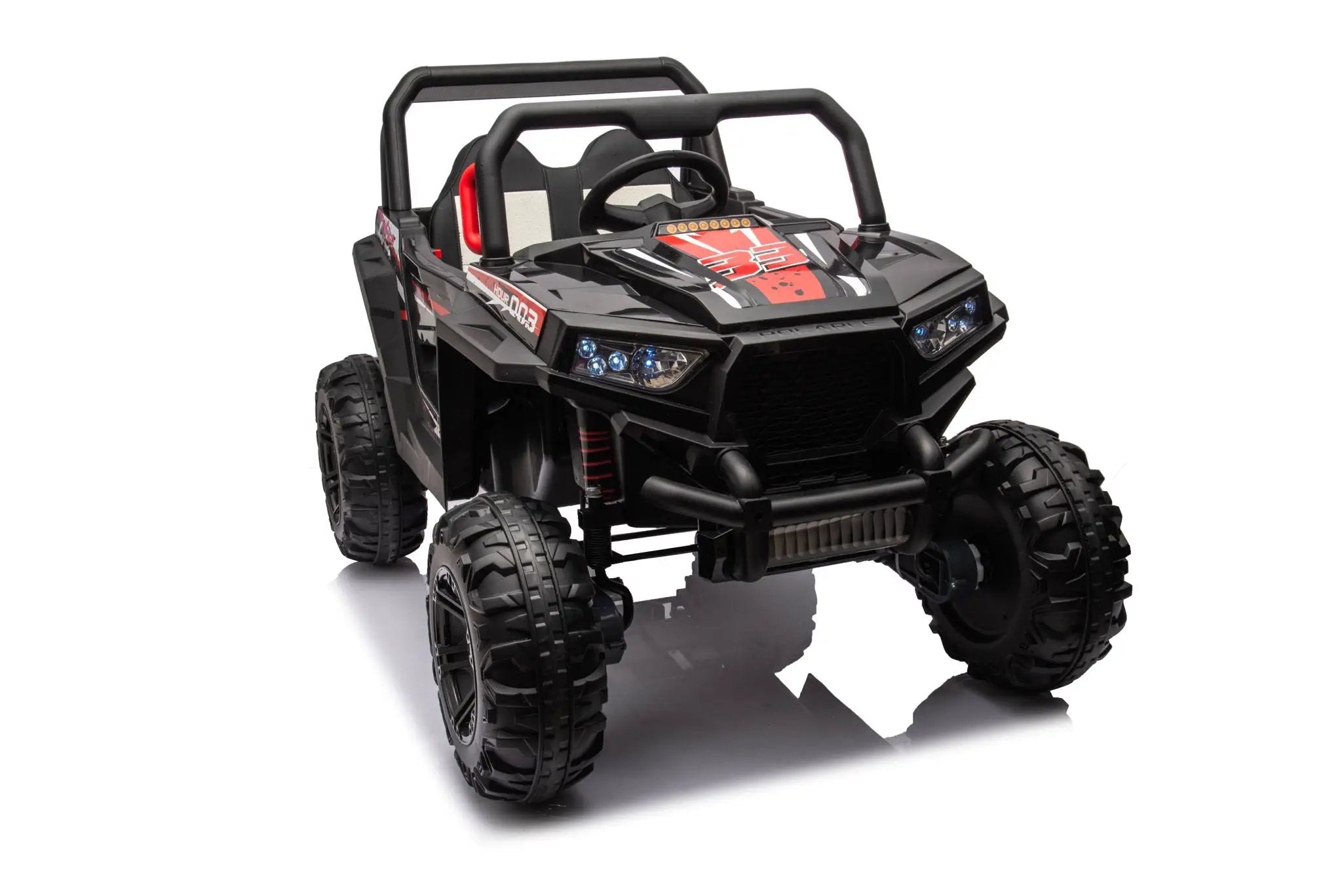 12V7A*1 30W*4 Four-Wheel Drive Seat One Button Start, Forward And Backward, High And Low Speed, Music, Front Light, Power Display, Two Doors Can Open, 2.4G R / C, Seat Belt Four Wheel Absorber by HouseOfZazla