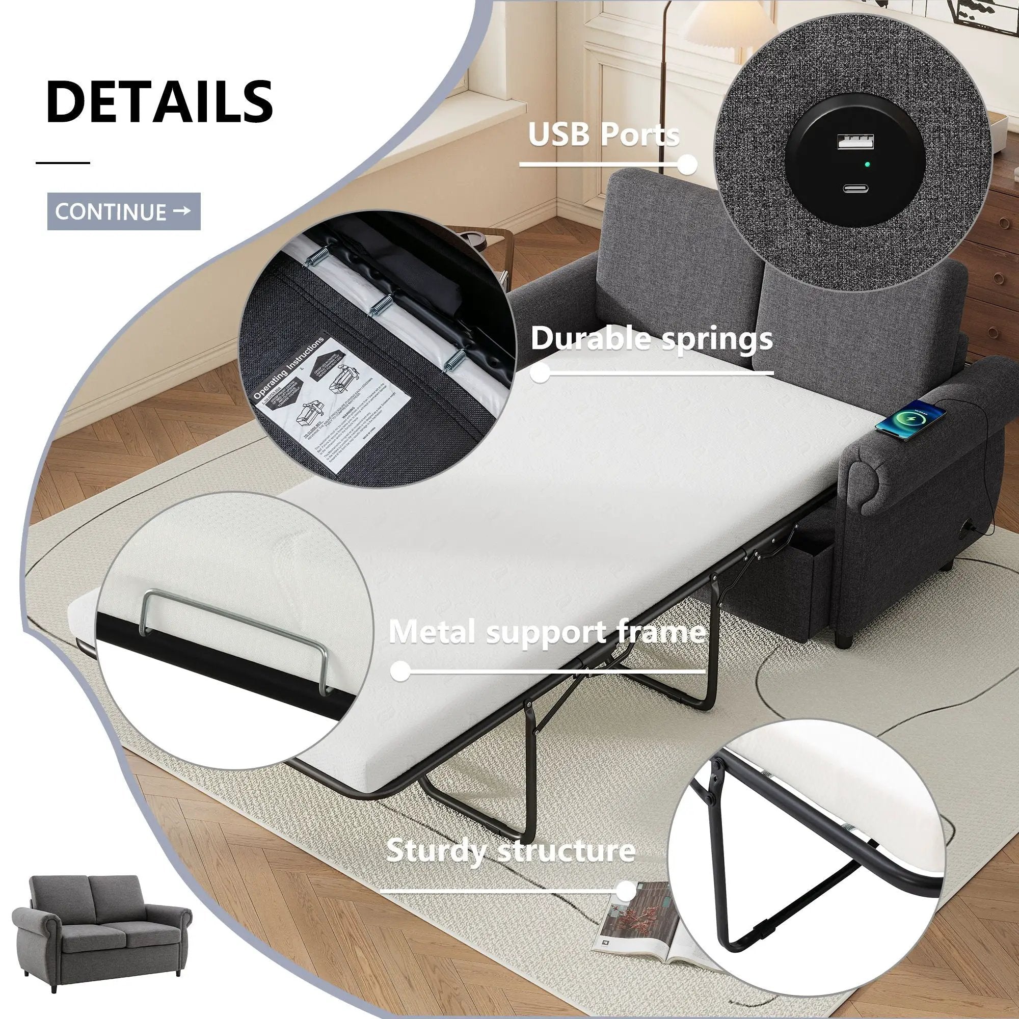 Pull Out Sofa Bed Loveseat Sleeper With Twin Size Memory Mattress With Two USB Ports For Living Room Spaces by HouseOfZazla