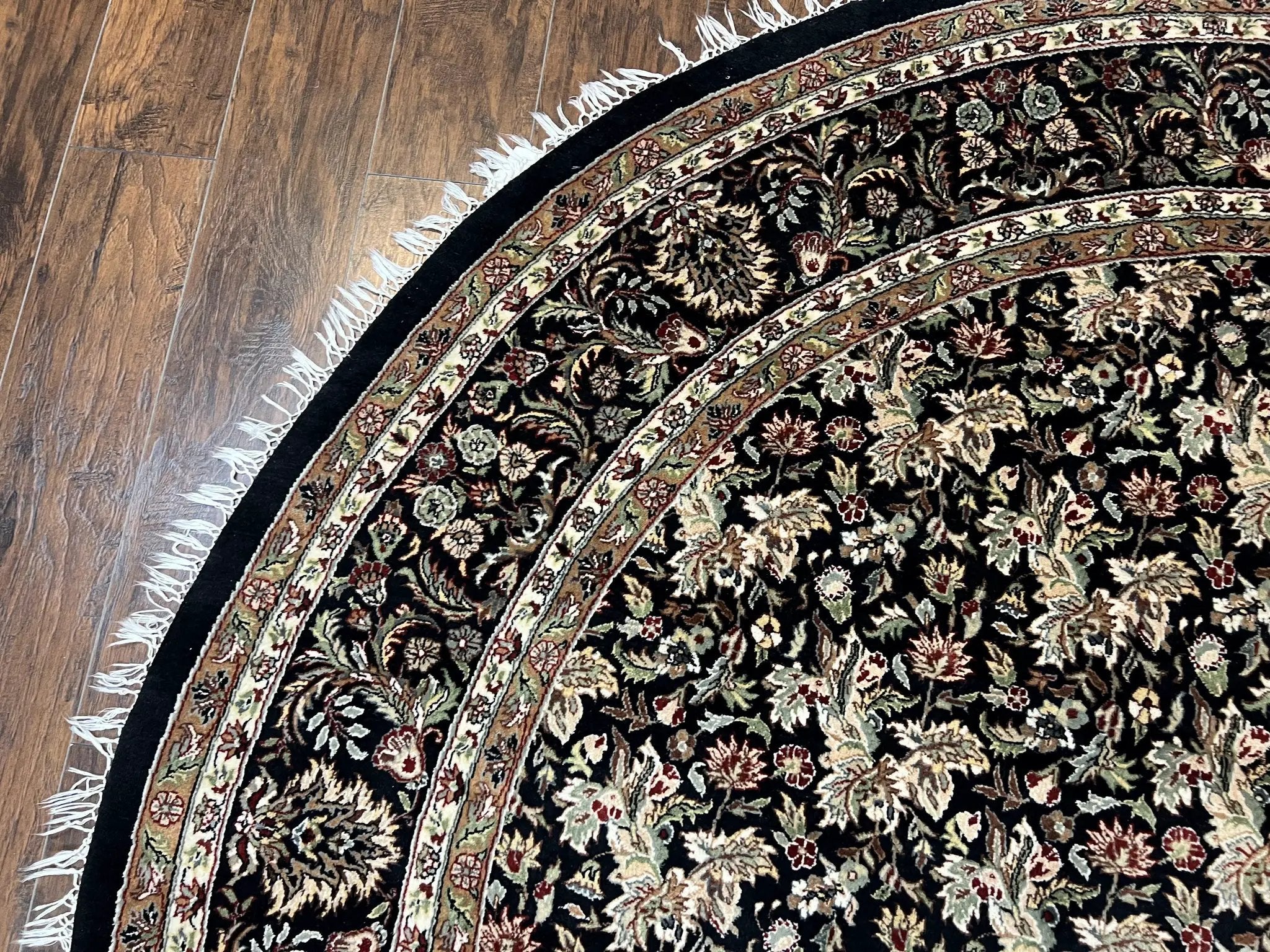 Round Oriental Rug 8x8 ft, William Morris Floral Pattern Carpet, 8 x 8 ft Round Rug, Black Cream and Tan 8ft Round Handmade Indo Persian Rug by Jewel Rugs