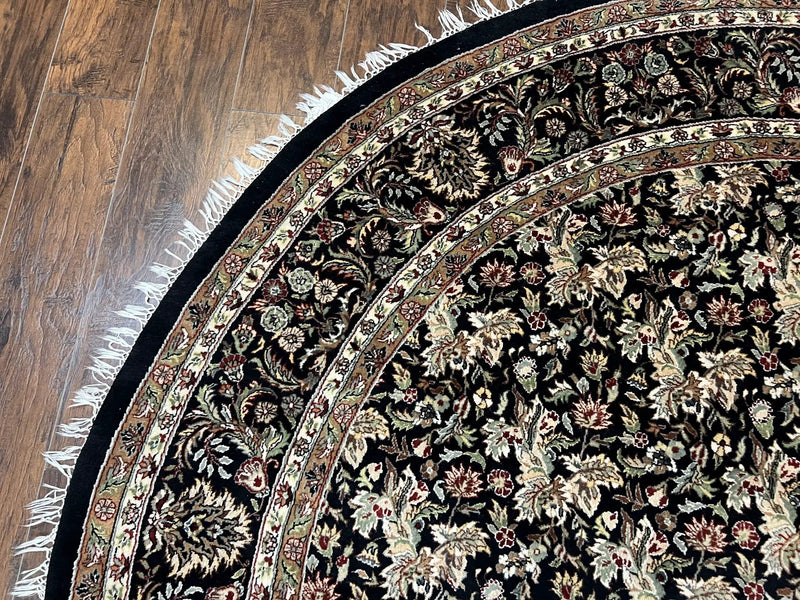 Round Oriental Rug 8x8 ft, William Morris Floral Pattern Carpet, 8 x 8 ft Round Rug, Black Cream and Tan 8ft Round Handmade Indo Persian Rug by Jewel Rugs