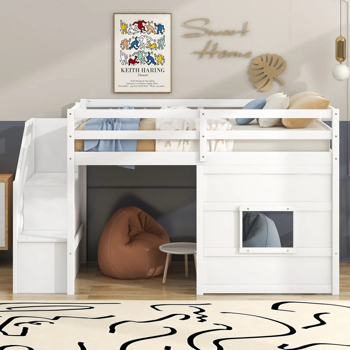 Loft Bed With Storage Staircase, Window & LED Light by HouseOfZazla