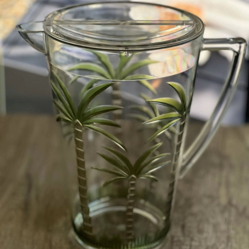 Unbreakable Plastic Water Pitcher With Lid, Palm Tree Design - Clear