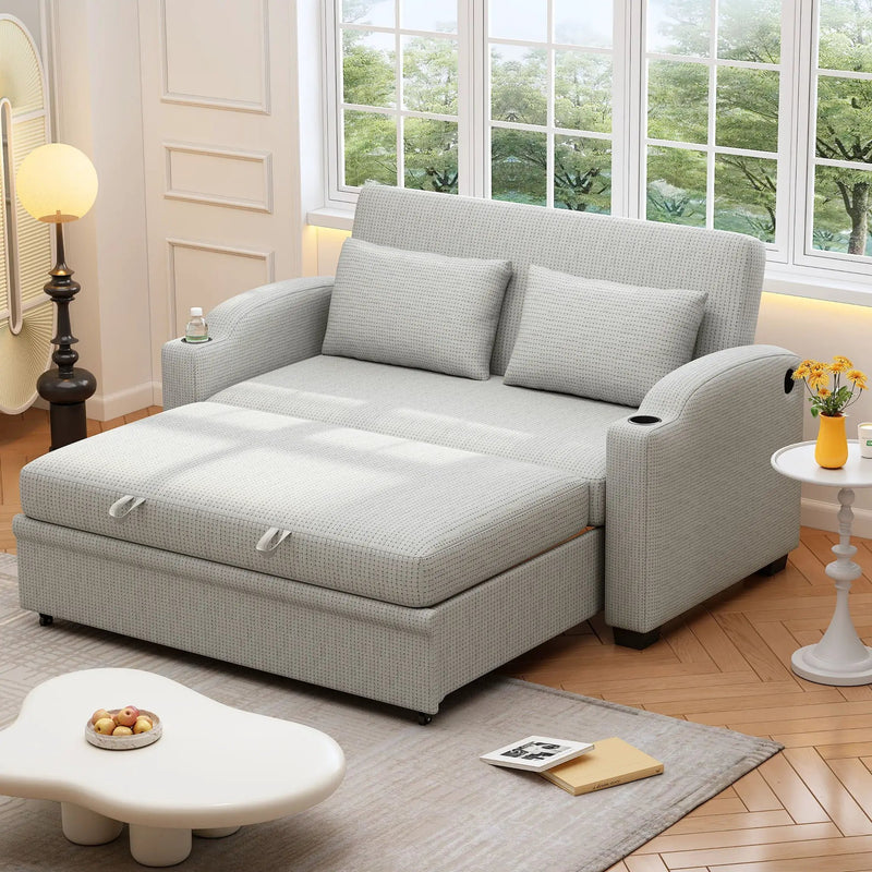 Pull Out Loveseat Sofa With Adjsutable Backrest, 2 Pillows, Cup Holders, USB Ports For Living Room by HouseOfZazla