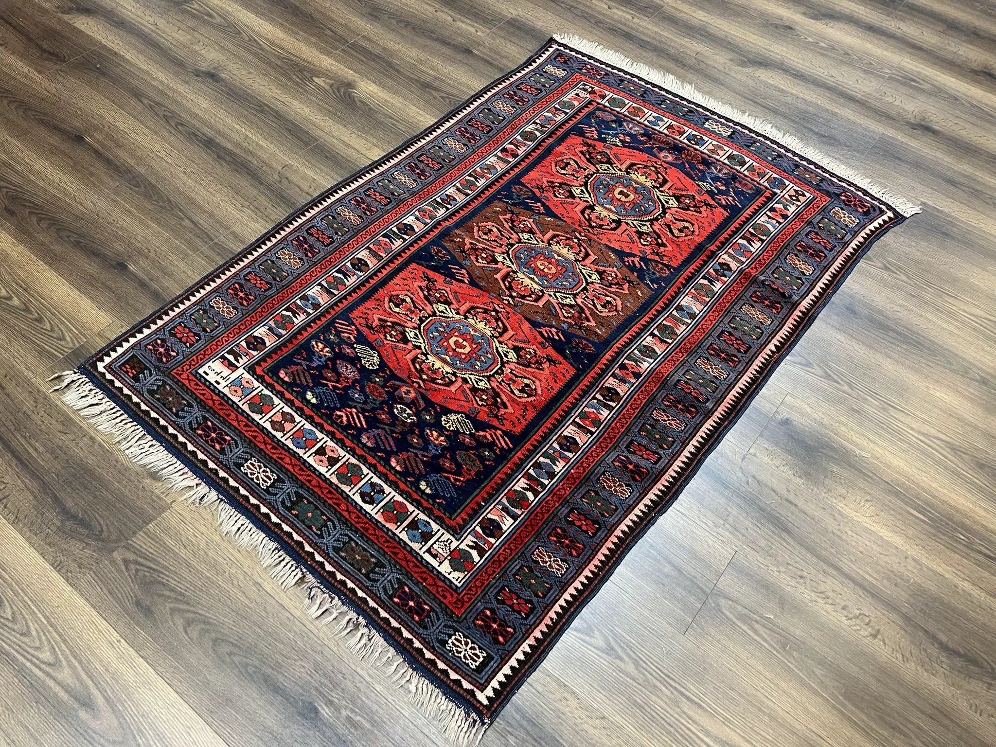 Antique Caucasian Seychour Rug 3.7 x 5.5, Collectible Oriental Carpet, Navy Blue and Red, Fine Kuba Rug, Vintage Rug, Wool Hand Knotted Rug by Jewel Rugs