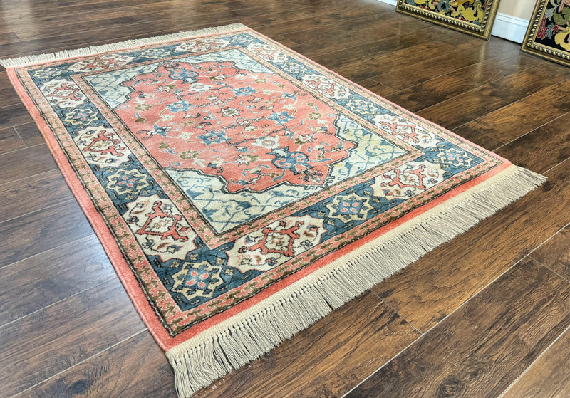 Karastan Rug 4x6 Bergama Design #737, Karastan Area Rug, Vintage Wool Karastan Carpet, Original Collection 700 Series, Salmon Red Light Blue by Jewel Rugs