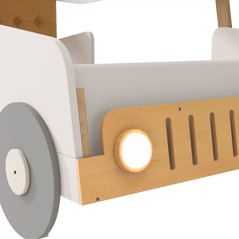 Twin Size Car Bed With Pillow, Ceiling Cloth And LED - Natural