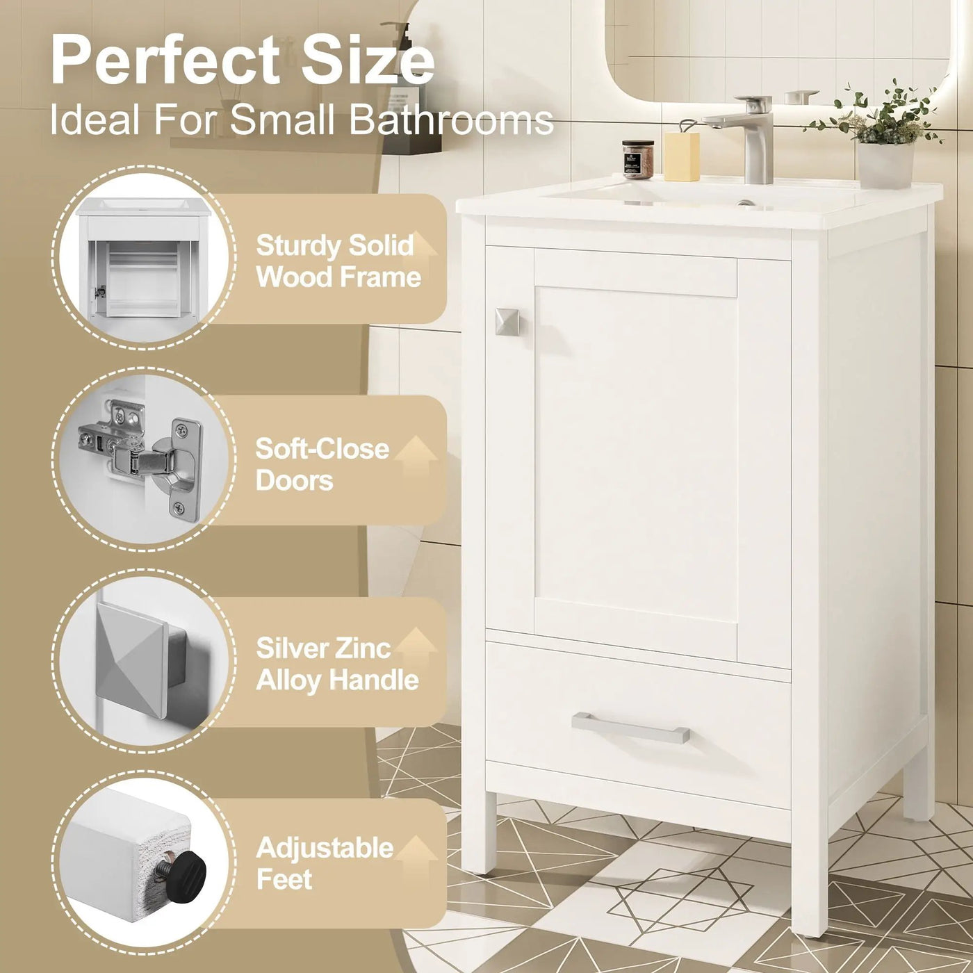 Bathroom Vanity With Ceramic Sink, Soft Close Drawers, Door Organizer, Divider Drawer, Adjustable Foot Pads by Unique Piece Furniture