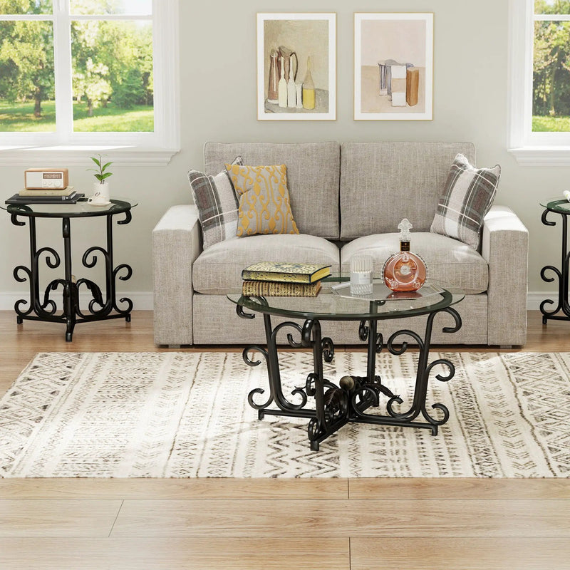3 Piece Coffee Table Set With Tempered Glass Surface - Black