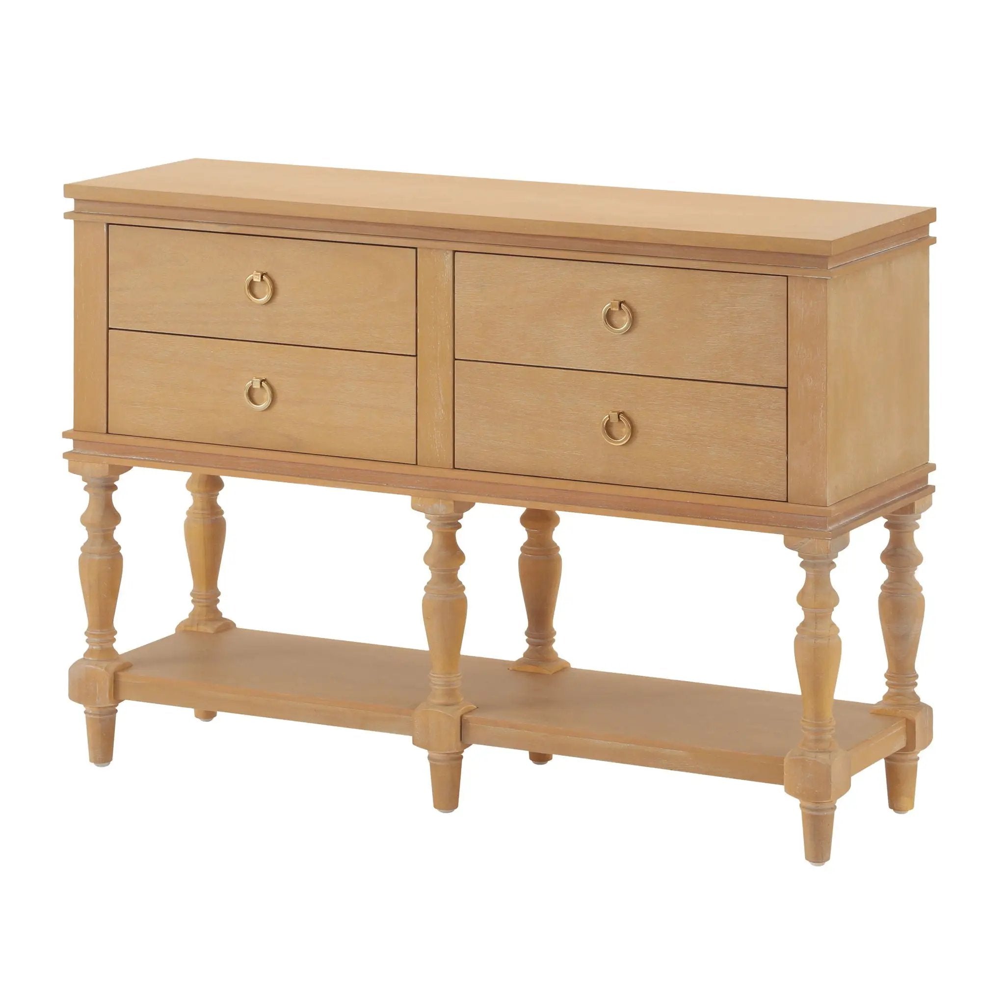 Console Table With 4 Soft Close Drawers, Thick Bottom Shelf For Living Room - Natural by HouseOfZazla