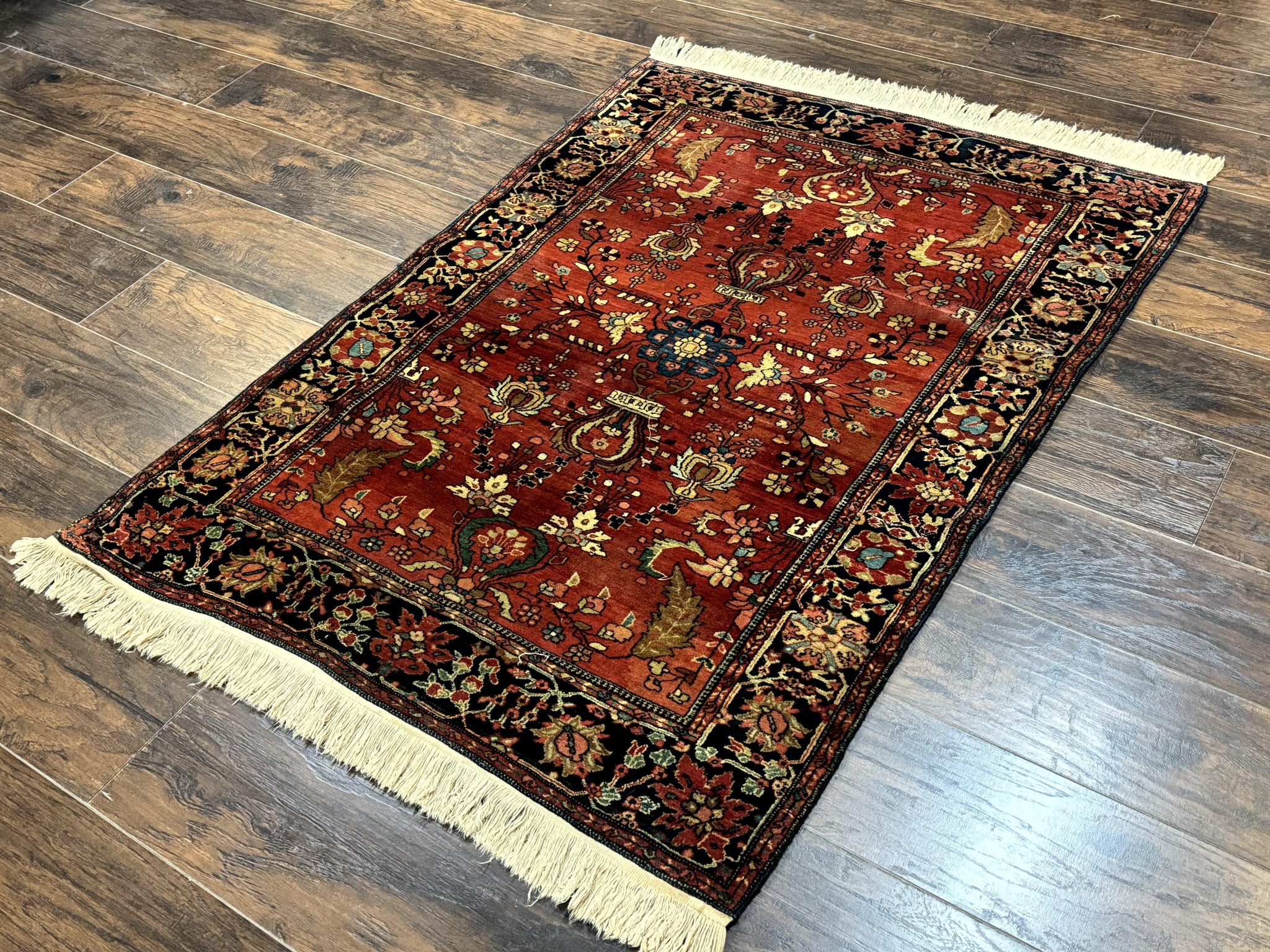 Antique Persian Farahan Sarouk Rug 3.6 x 5, Red, Floral, Traditional Rug, Fine 210 KPSI by Jewel Rugs