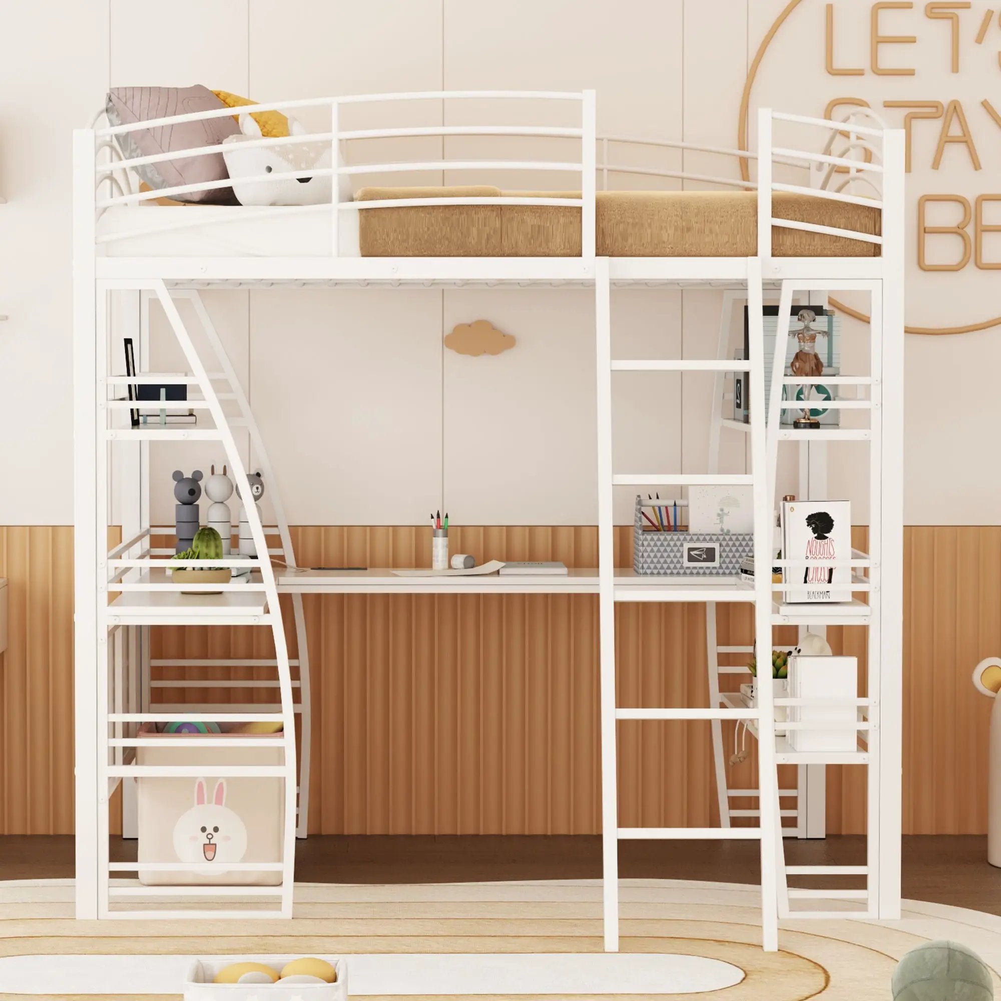 Loft Bed With 4 Layers Of Shelves And L-Shaped Desk, Stylish Metal Frame Bed With A Set Of Sockets, USB Ports And And Wireless Charging by Unique Piece Furniture