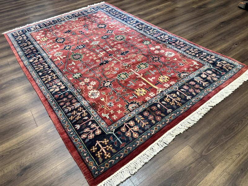Indo Persian Heriz Serapi Rug 6x8, Rust Red and Navy Blue, Allover Pattern by Jewel Rugs