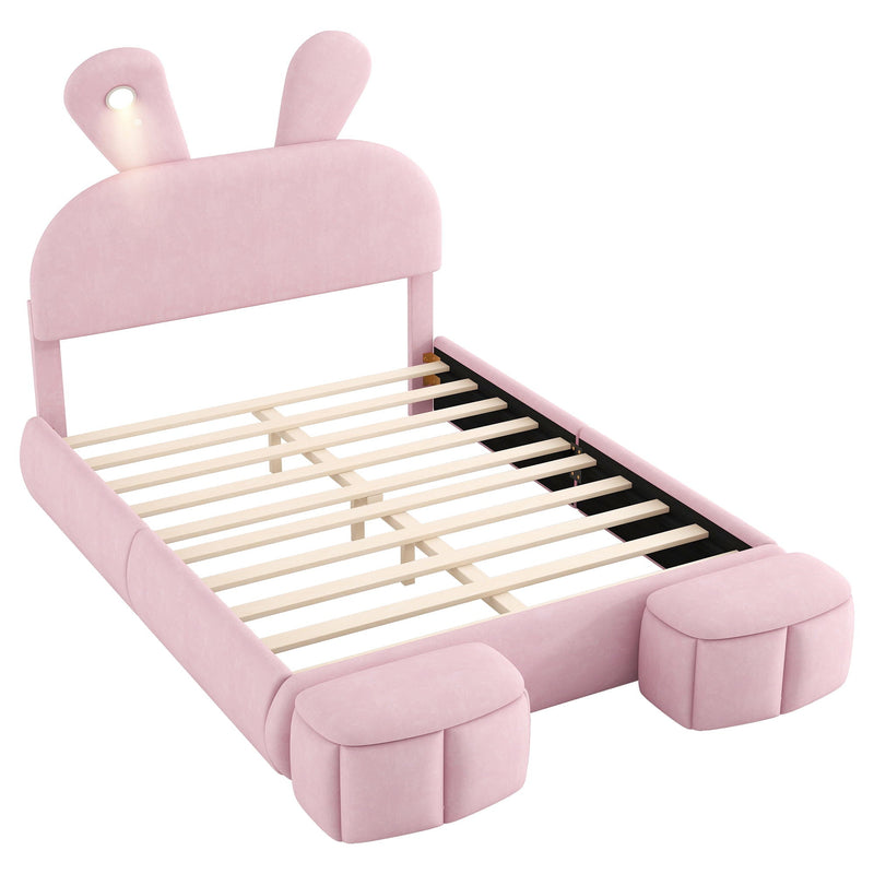 Full Upholstered Platform Bed With Cartoon Ears Headboard And LED Light - Pink by HouseOfZazla