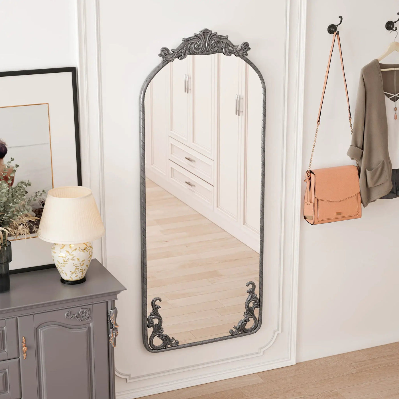 Full Body Arched Mirror With Vintage Carved Applique by Unique Piece Furniture