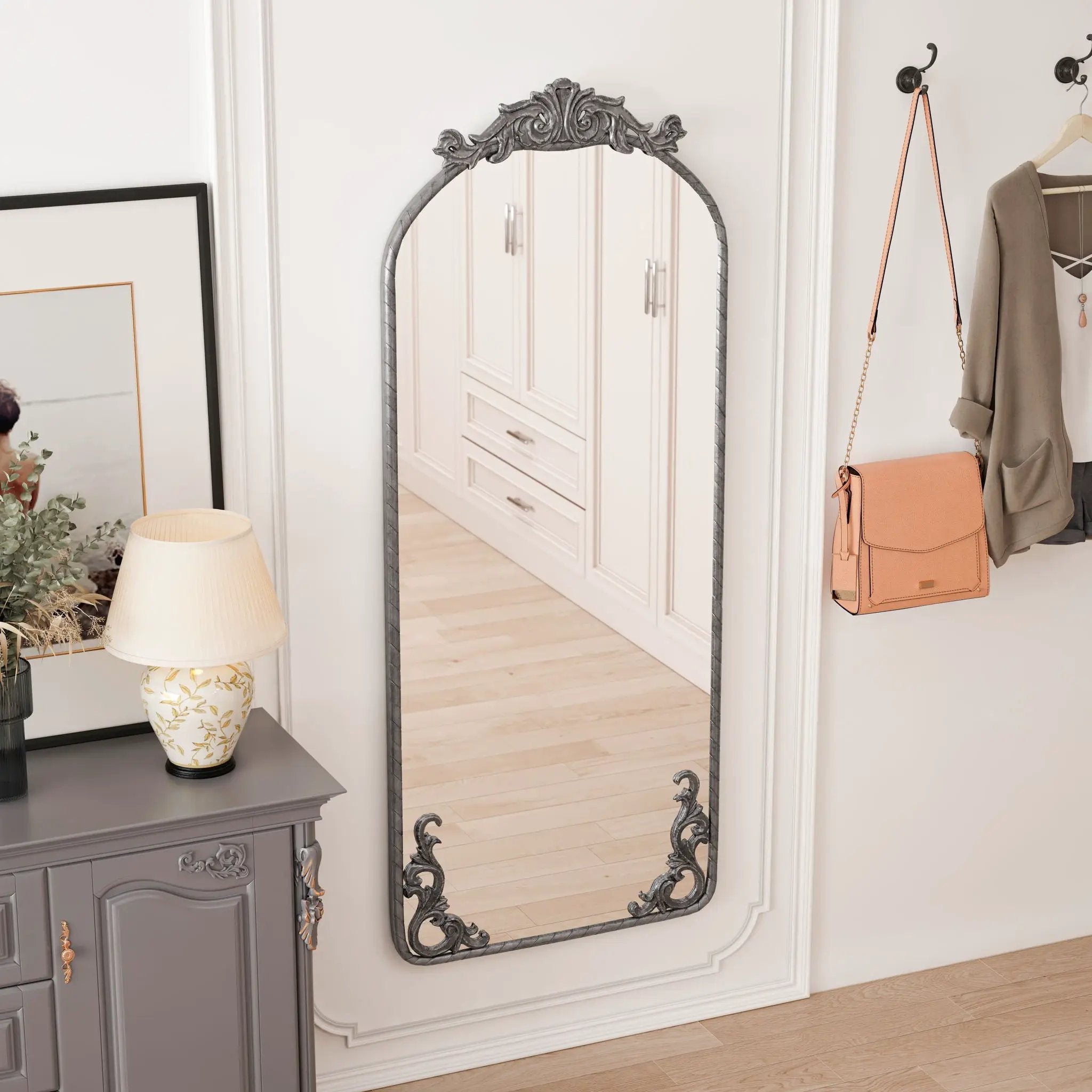 Full Body Arched Mirror With Vintage Carved Applique by Unique Piece Furniture