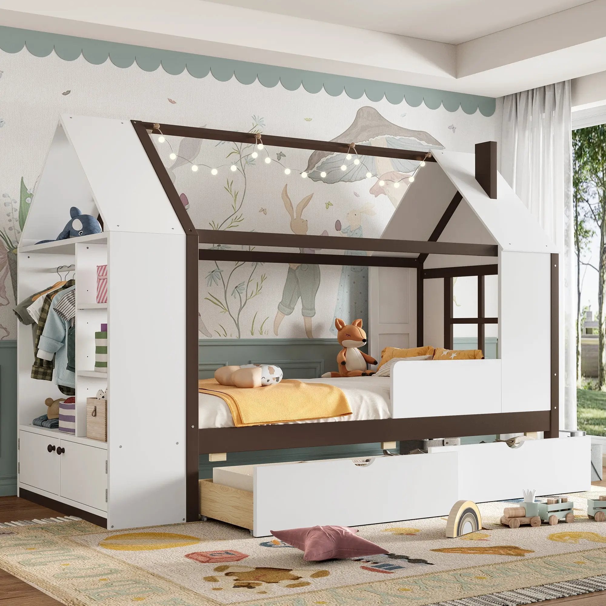 Twin Size House Platform Bed with Drawers, Solid Wood House Bed with Shelves by HouseOfZazla
