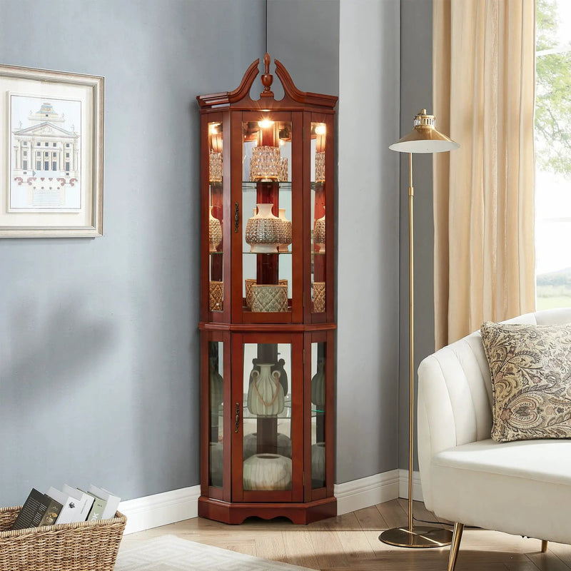 Corner Curio Cabinet With Lights, Adjustable Tempered Glass Shelves, Display Cabinet (E26 Light Bulb Not Included) - Mirrored / Walnut by HouseOfZazla