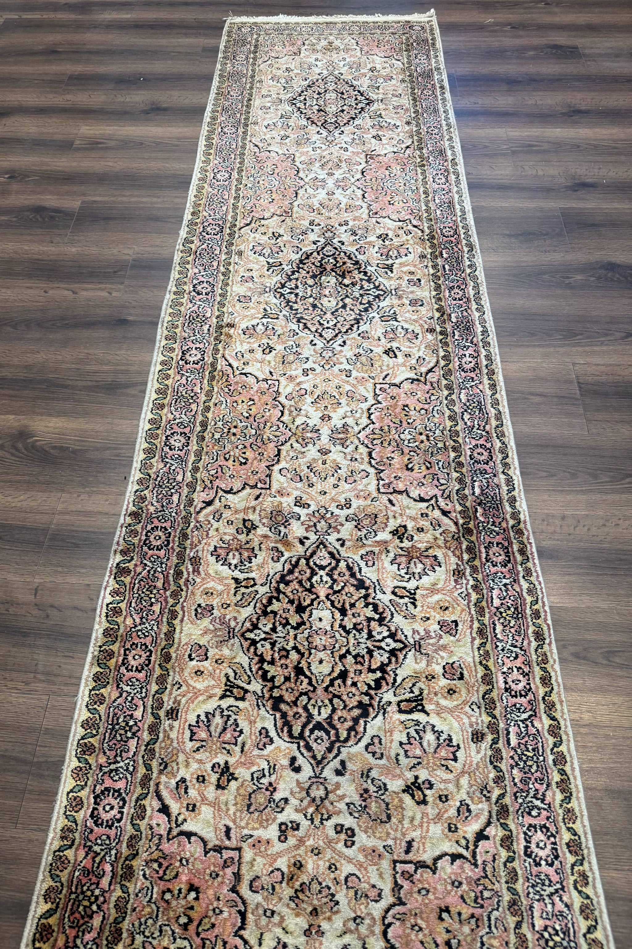 Silk Indian Kashmiri Runner Rug 2.7 x 9.8, Floral Medallions by Jewel Rugs