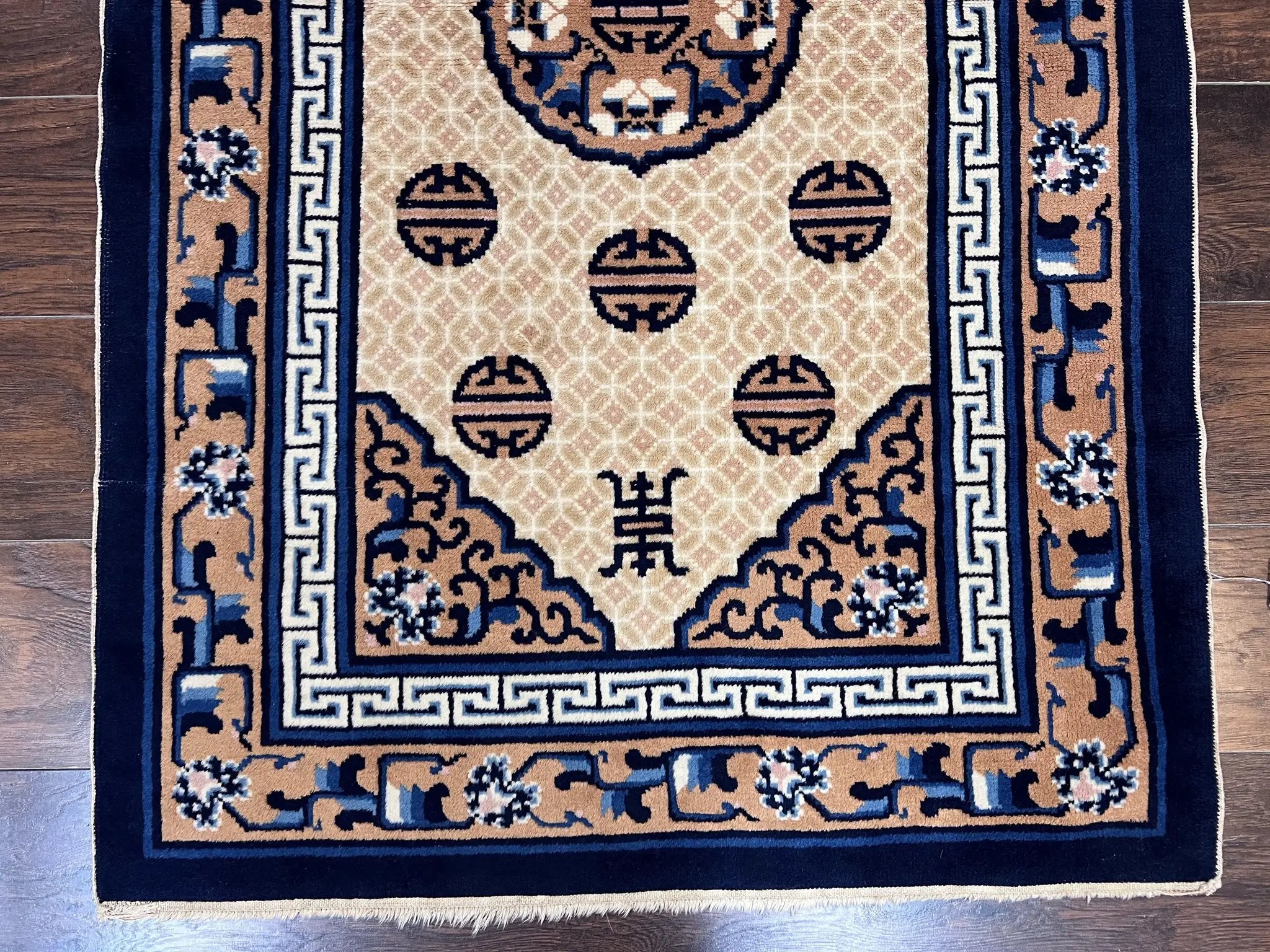 Chinese Peking Rug 3x5, Antique Chinese Art Deco Carpet, Blue Ivory Tan, Hand Knotted Wool Asian Oriental Rug 3 x 5 Vintage Small Peking Rug by Jewel Rugs
