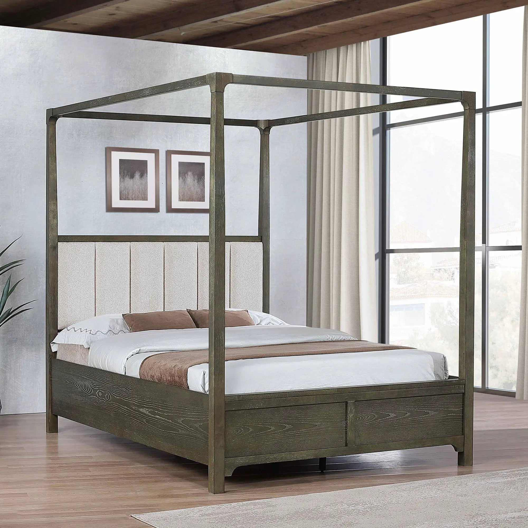 Sundance - Queen Canopy Bed With Upholstered Headboard - Dark Brown by HouseOfZazla