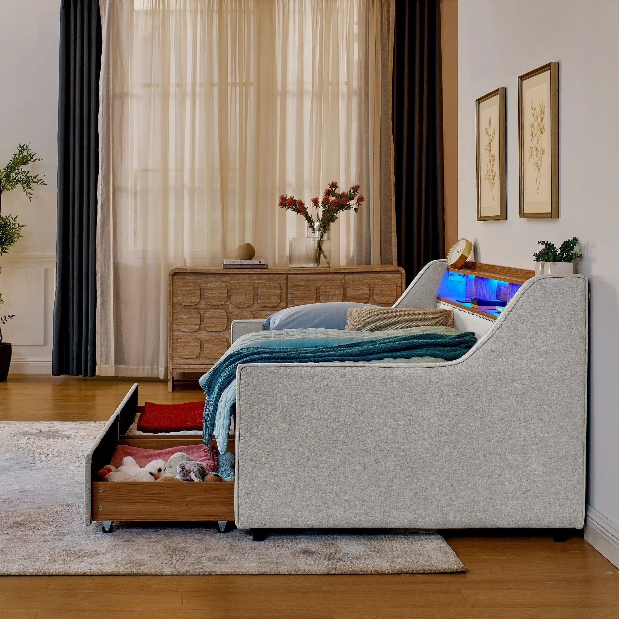 Twin Upholstered Sofa Bed With LED Lights, Storage Drawers, Adjustable Headboard & Wireless Charging - Beige by Unique Piece Furniture