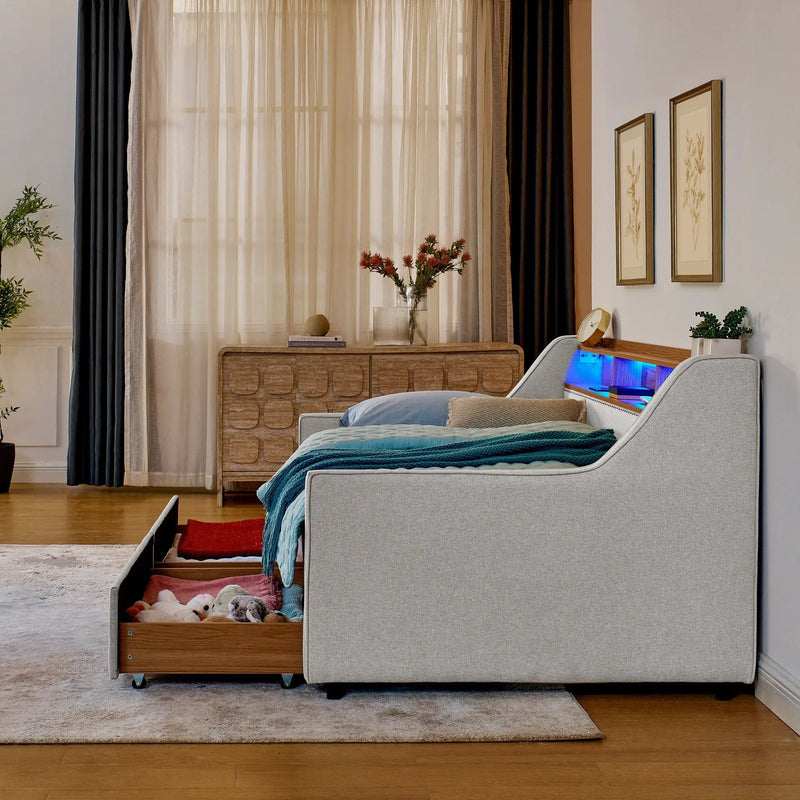 Twin Upholstered Sofa Bed With LED Lights, Storage Drawers, Adjustable Headboard & Wireless Charging - Beige by Unique Piece Furniture