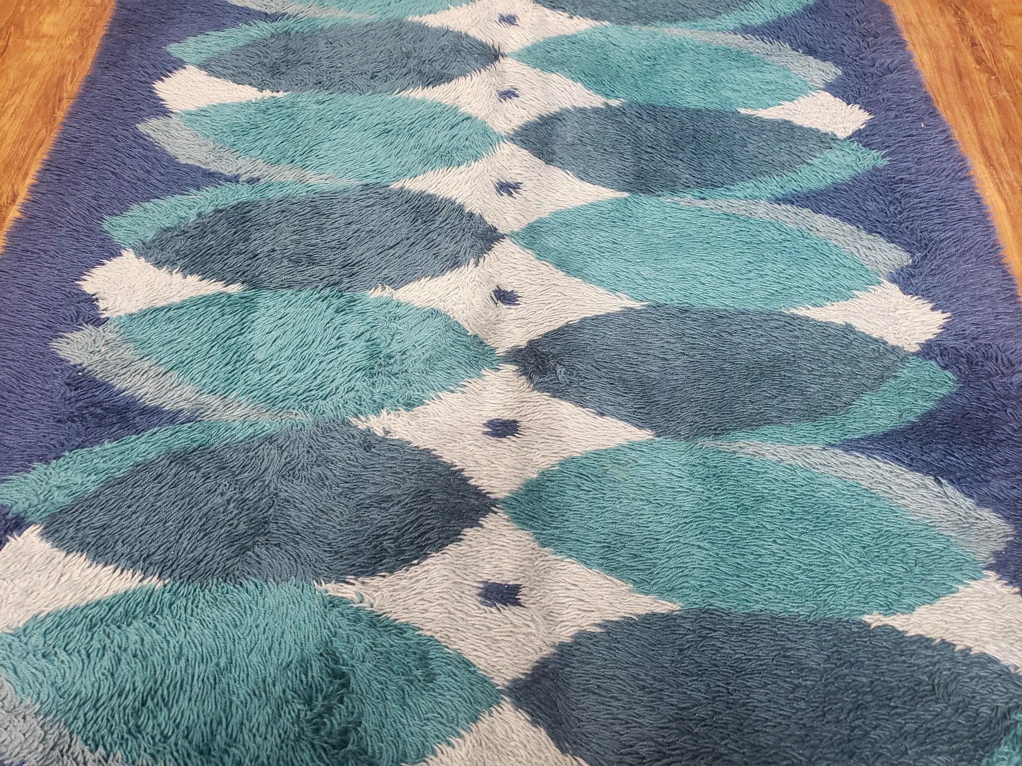 Blue Rya Rug, 1960s Mid-Century Modern Danish Shag Rug 4'6" x 6'7", Ege Rya, Abstract by Jewel Rugs