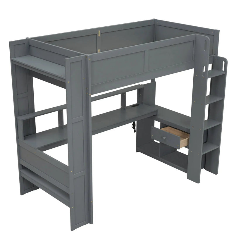 Gaming Loft Bed With Desk, Multi Storage Shelves, LED And Charging Station