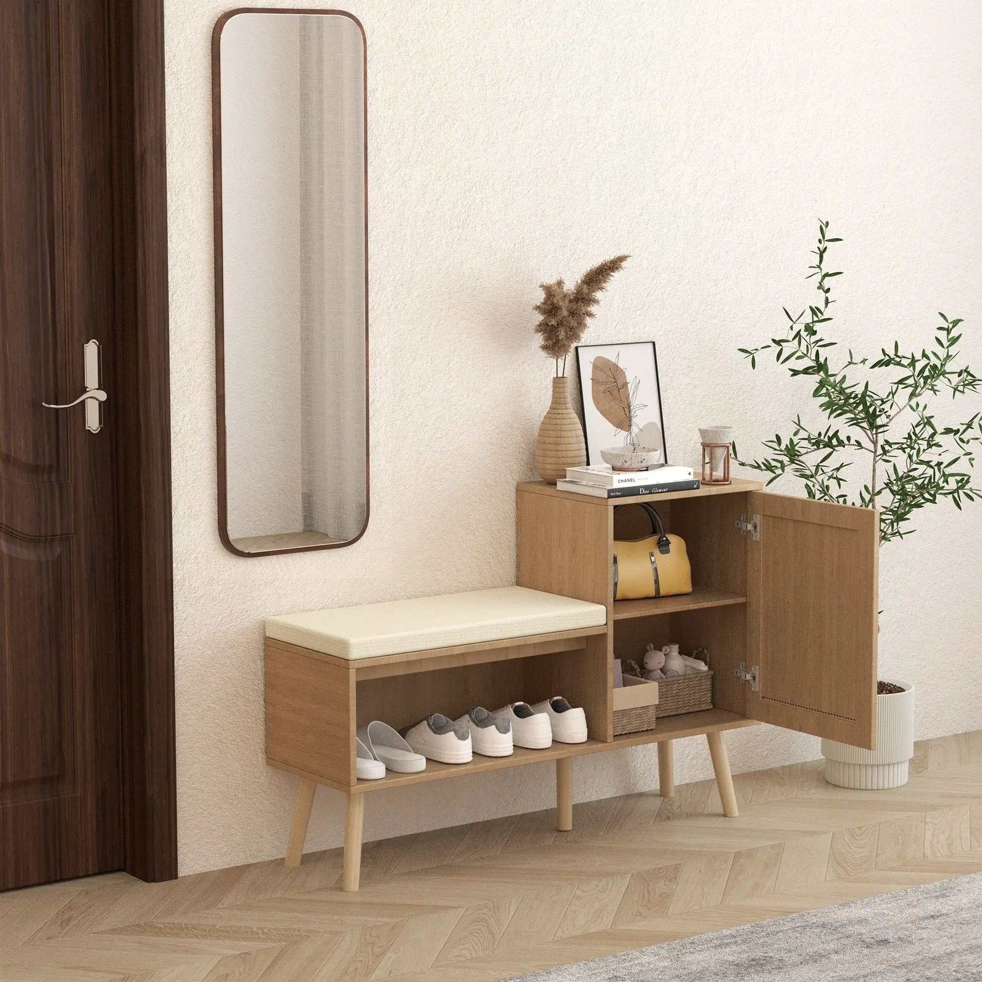2 In 1 Shoe Storage Bench With Adjustable Shelves - Antique Natural / Rattan by Unique Piece Furniture