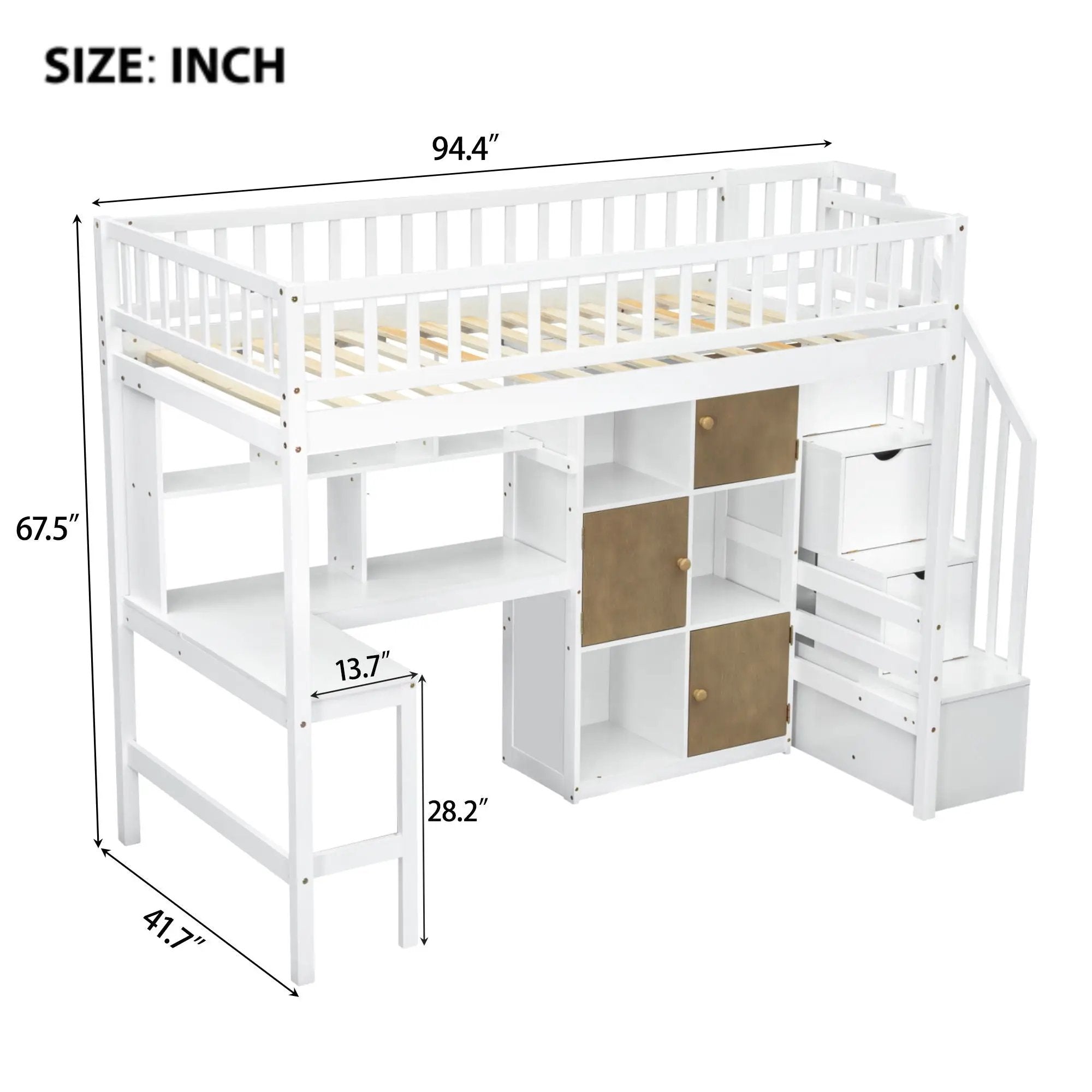 Loft Bed With Built In L Shaped Desk, LED Lights, Storage Shelves, Cabinets, And Staircase by Unique Piece Furniture