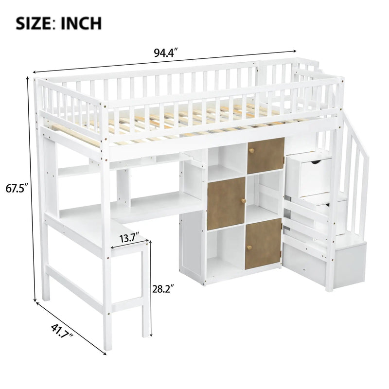Loft Bed With Built In L Shaped Desk, LED Lights, Storage Shelves, Cabinets, And Staircase by Unique Piece Furniture