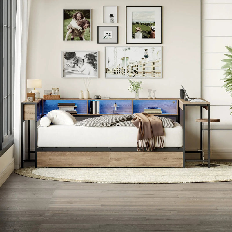 Corner Bed Frame Full Size with Bookcase and Storage Drawers by HouseOfZazla