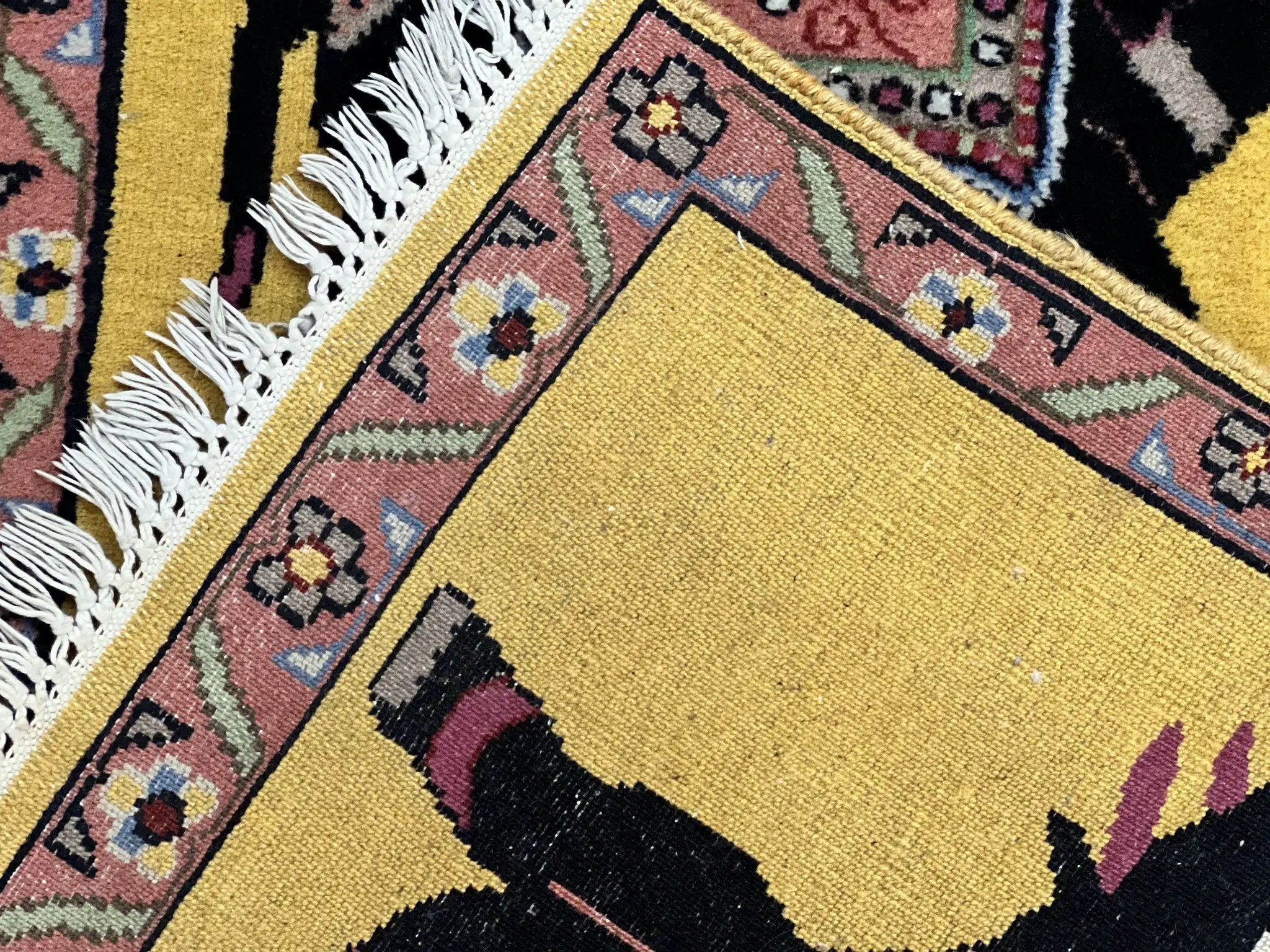 Unique Indian Pictorial Rug 2x3, Small Wool Hand Knotted Oriental Carpet, Yellow, Two Elephants, Handmade by Jewel Rugs