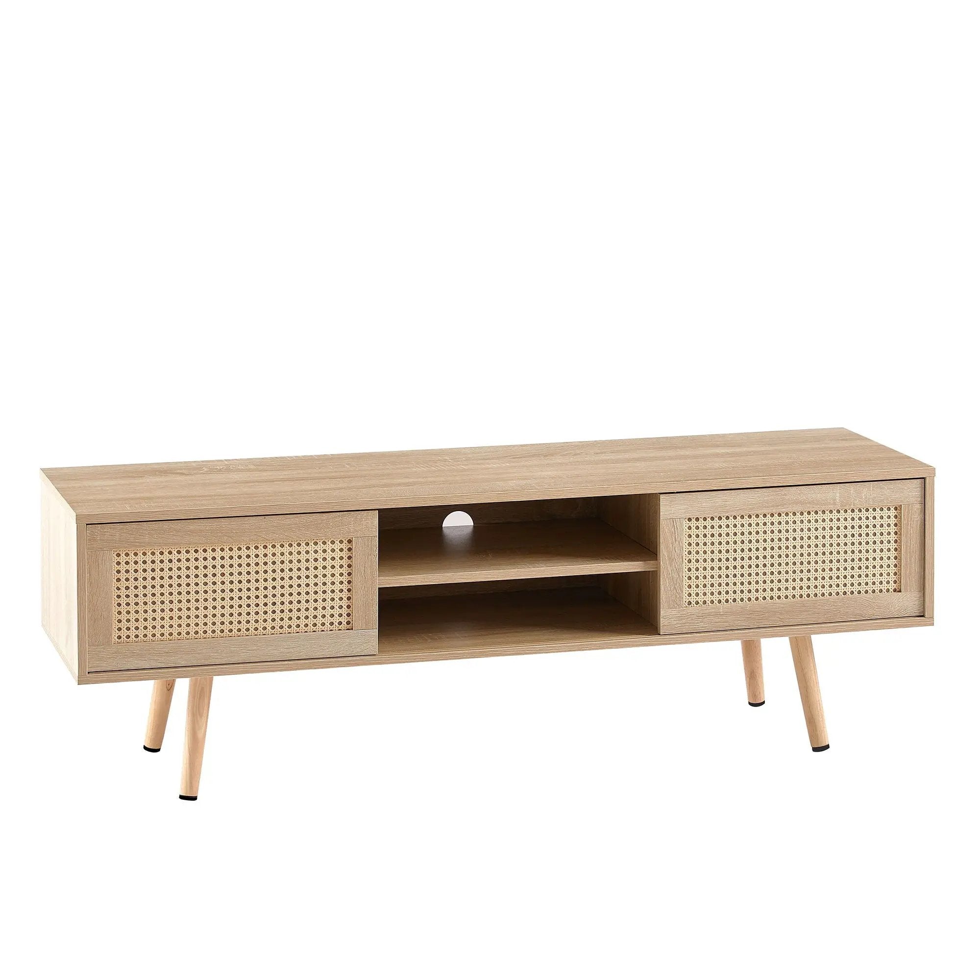 55.12" Rattan TV Cabinet, Double Sliding Doors For Storage, Adjustable Shelf, Solid Wood Legs, TV Console For Living Room by Unique Piece Furniture
