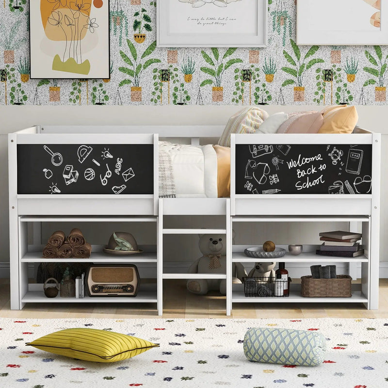 Low Loft Bed With Movable Shelves And Ladder, Decorative Chalkboard Guardrail by Unique Piece Furniture