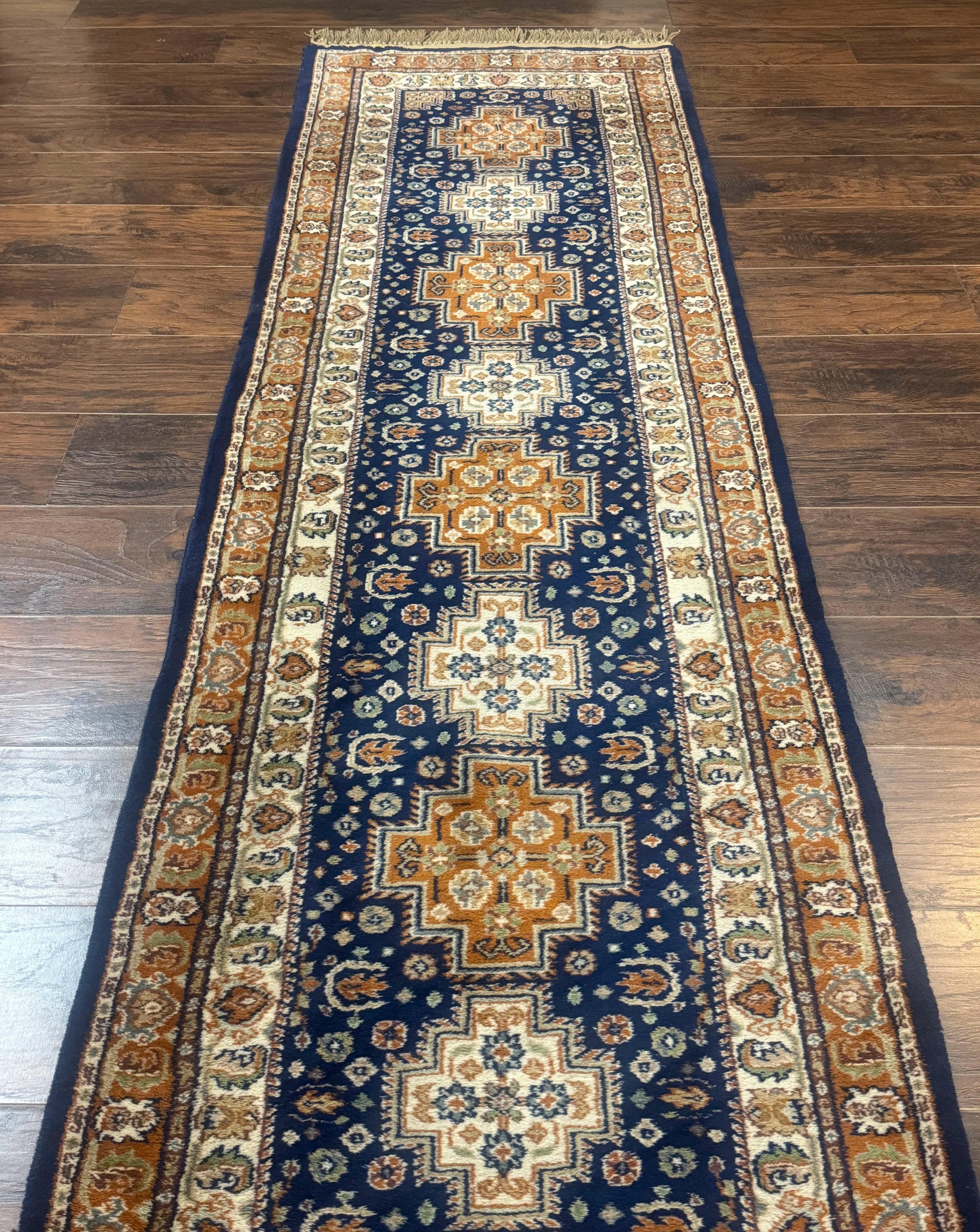 Indo Persian Runner Rug 2.6 x 12.7, Indian Kashmiri Runner for Hallway or Kitchen, Navy Blue, Geometric Medallions, Handmade Wool by Jewel Rugs