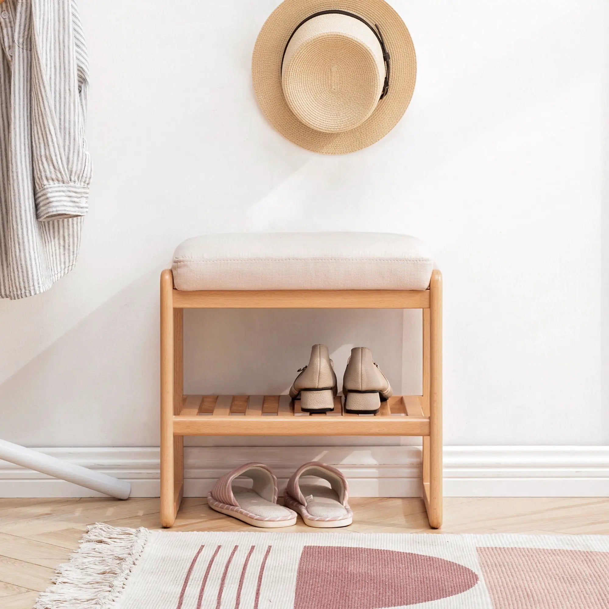 Shoe Bench, Beech Wood Storage Rack Organizer With High Rebound Sponge Cushion - Natural by Unique Piece Furniture