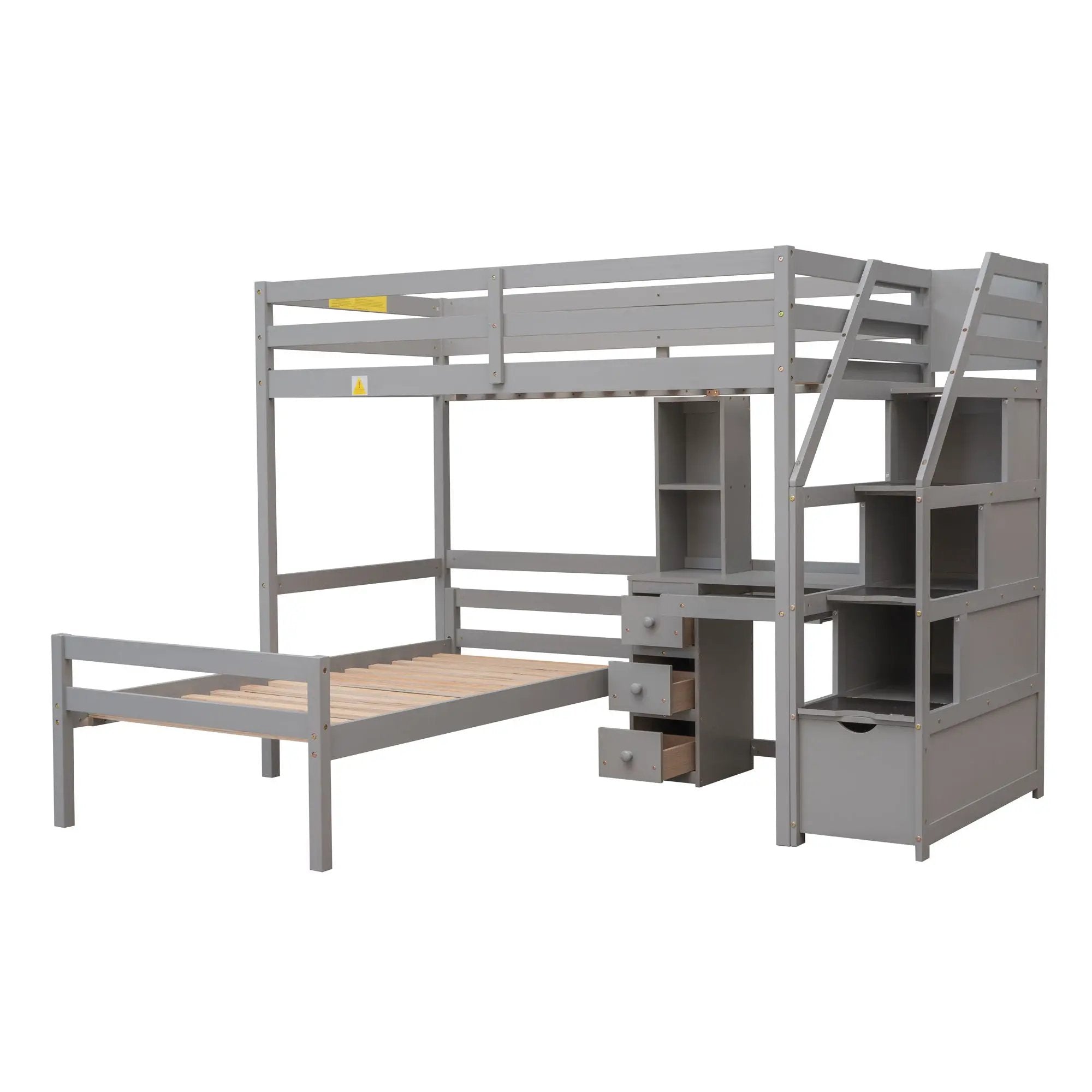 Loft Bed With Stand Alone Bed, Storage Staircase, Desk, Shelves, And Drawers