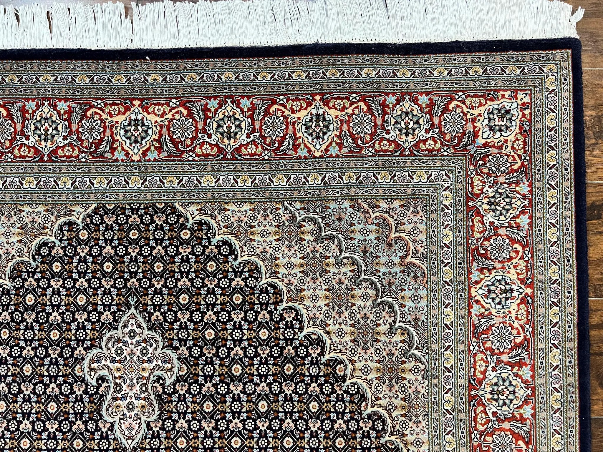 Persian Tabriz Rug 5x7, Wool with Silk Highlights, Hand Knotted Vintage Oriental Carpet, Very Fine, Herati Mahi Pattern, Black, Rare by Jewel Rugs