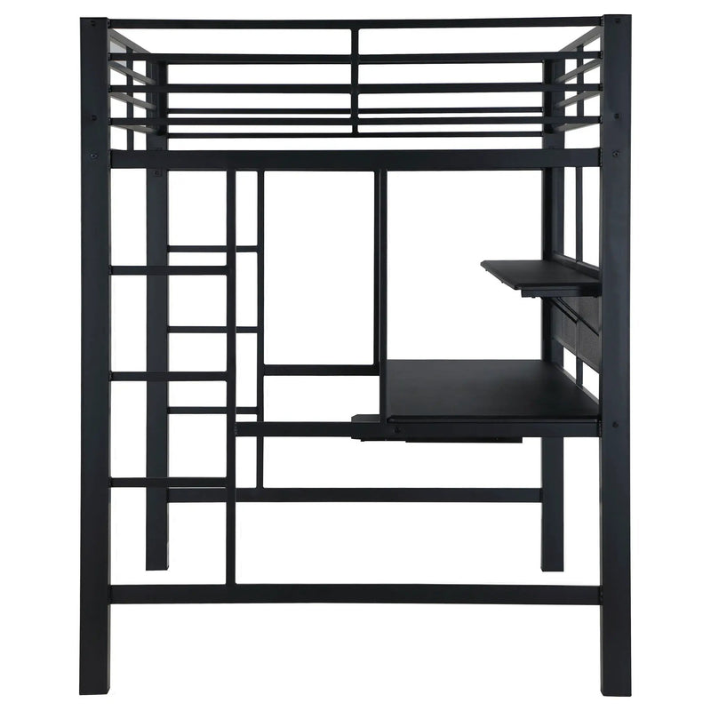 Ranier - Full Workstation Loft Bed, Full Length Desk, Safety Rails And Storage Shelves - Black by HouseOfZazla