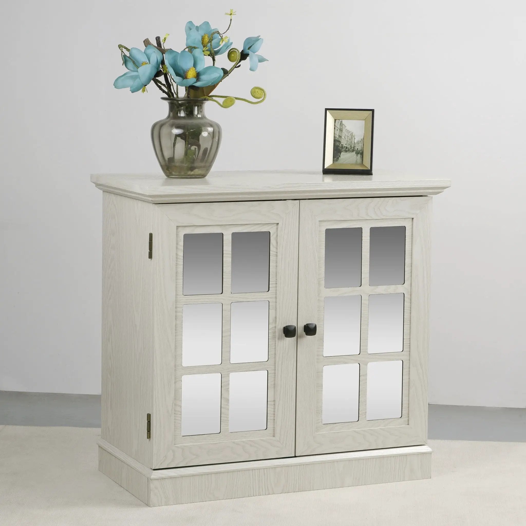 Sideboard Cabinet With Mirrored Doors, Adjustable Shelf, Metal Handles