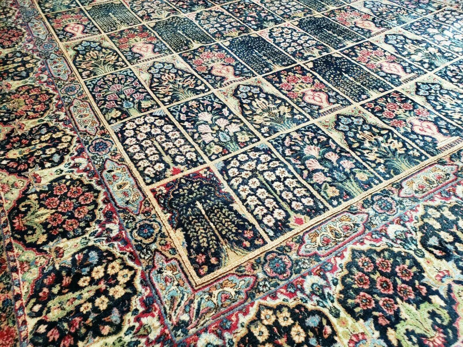 Persian Rug 10x15, Authentic Oriental Carpet 10 x 15, Wool Area Rug Panel Design Hand-Knotted Vintage Kirman Yazd Rug, Dark Blue and Beige, Floral by Jewel Rugs