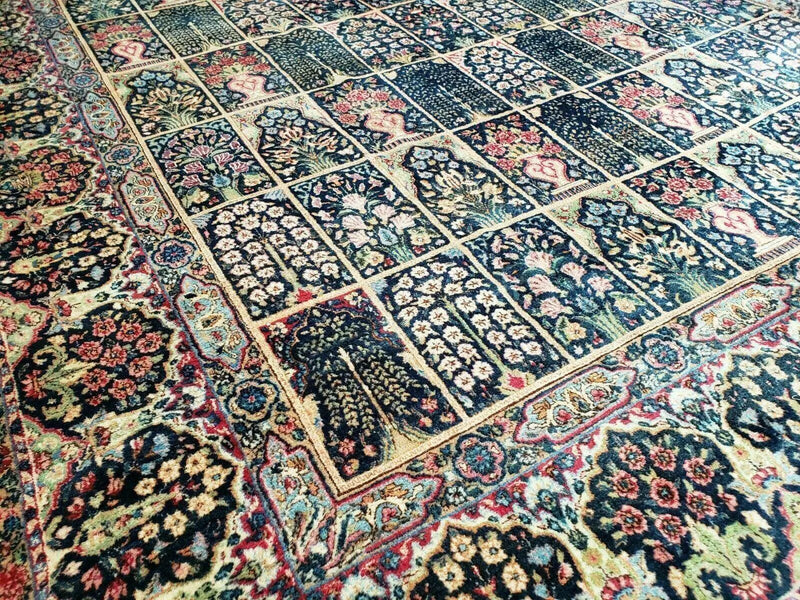 Persian Rug 10x15, Authentic Oriental Carpet 10 x 15, Wool Area Rug Panel Design Hand-Knotted Vintage Kirman Yazd Rug, Dark Blue and Beige, Floral by Jewel Rugs