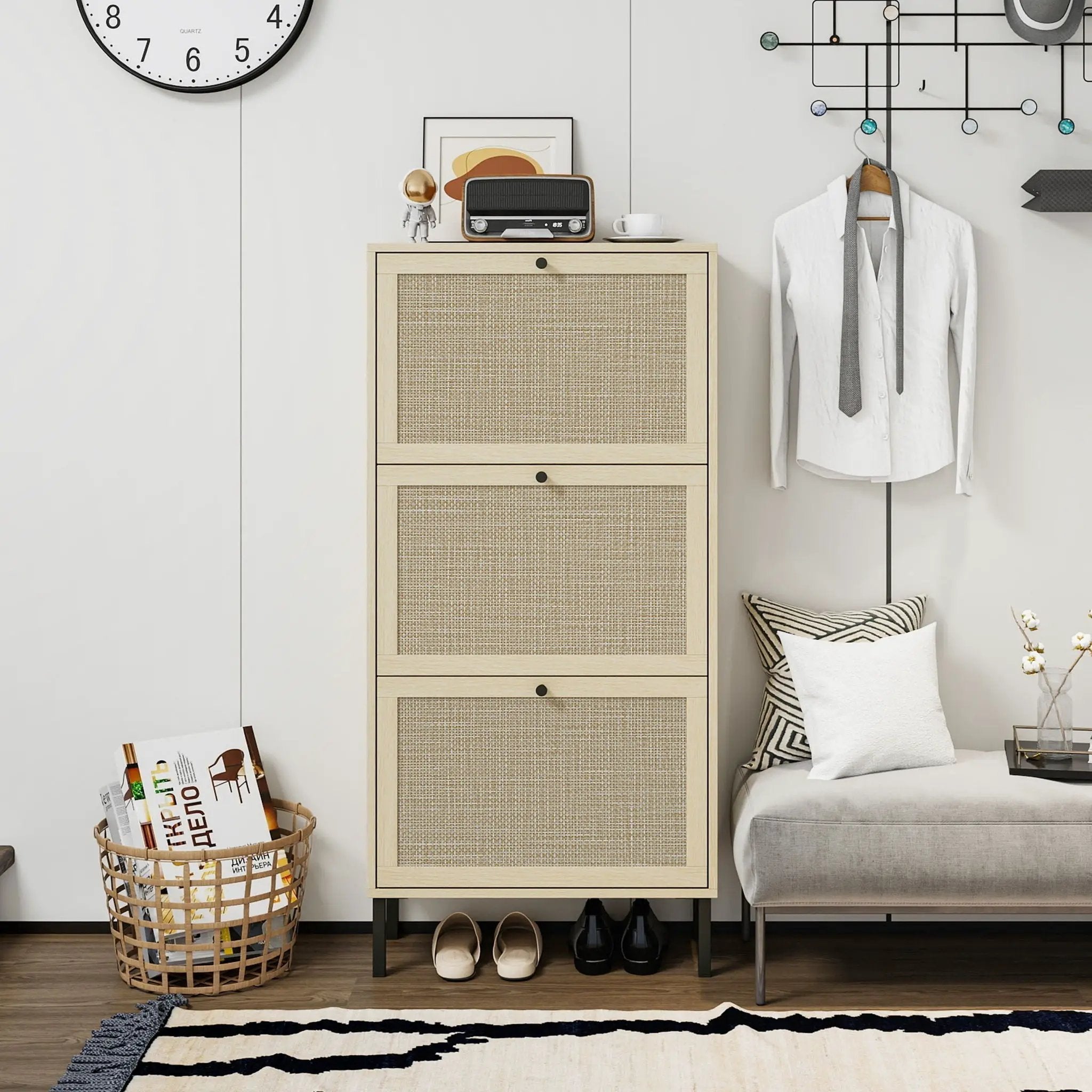 Modern Rattan 3 Door Shoe Rack Cabinet for Entryway by HouseOfZazla