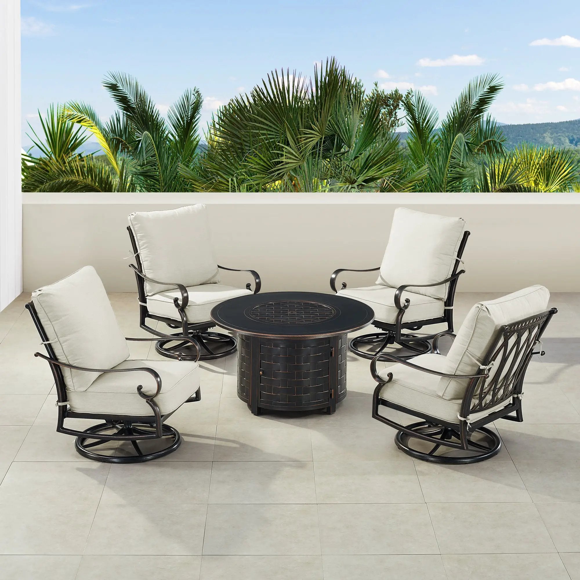Black Aluminum Fire Table Set with Four Club Chairs by Sharicks