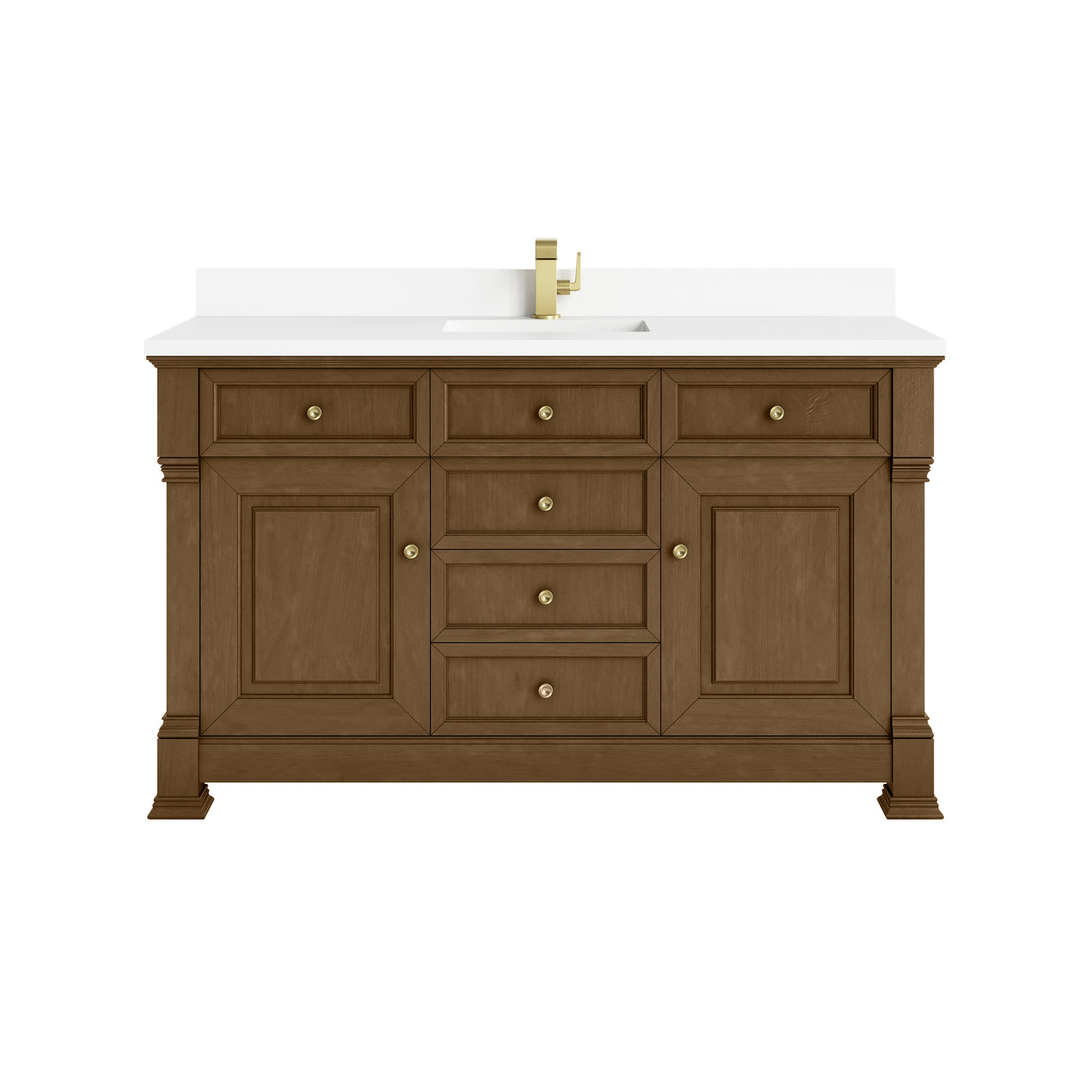 James Martin Brookfield 60" Single Bathroom Vanity, Honey Oak with White Zeus (Single Hole, with Backsplash) countertop