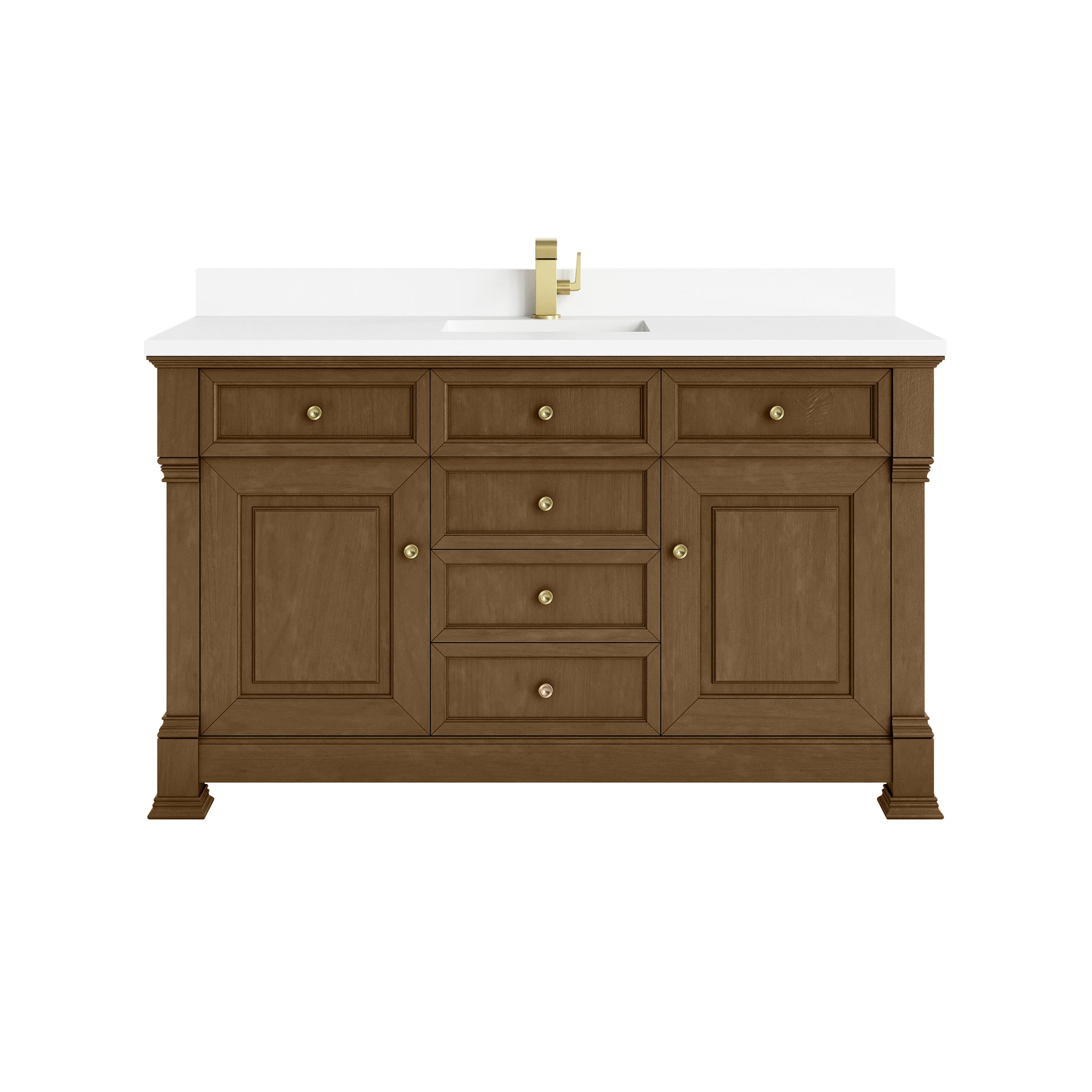 James Martin Brookfield 60" Single Bathroom Vanity, Honey Oak with White Zeus (Single Hole, with Backsplash) countertop