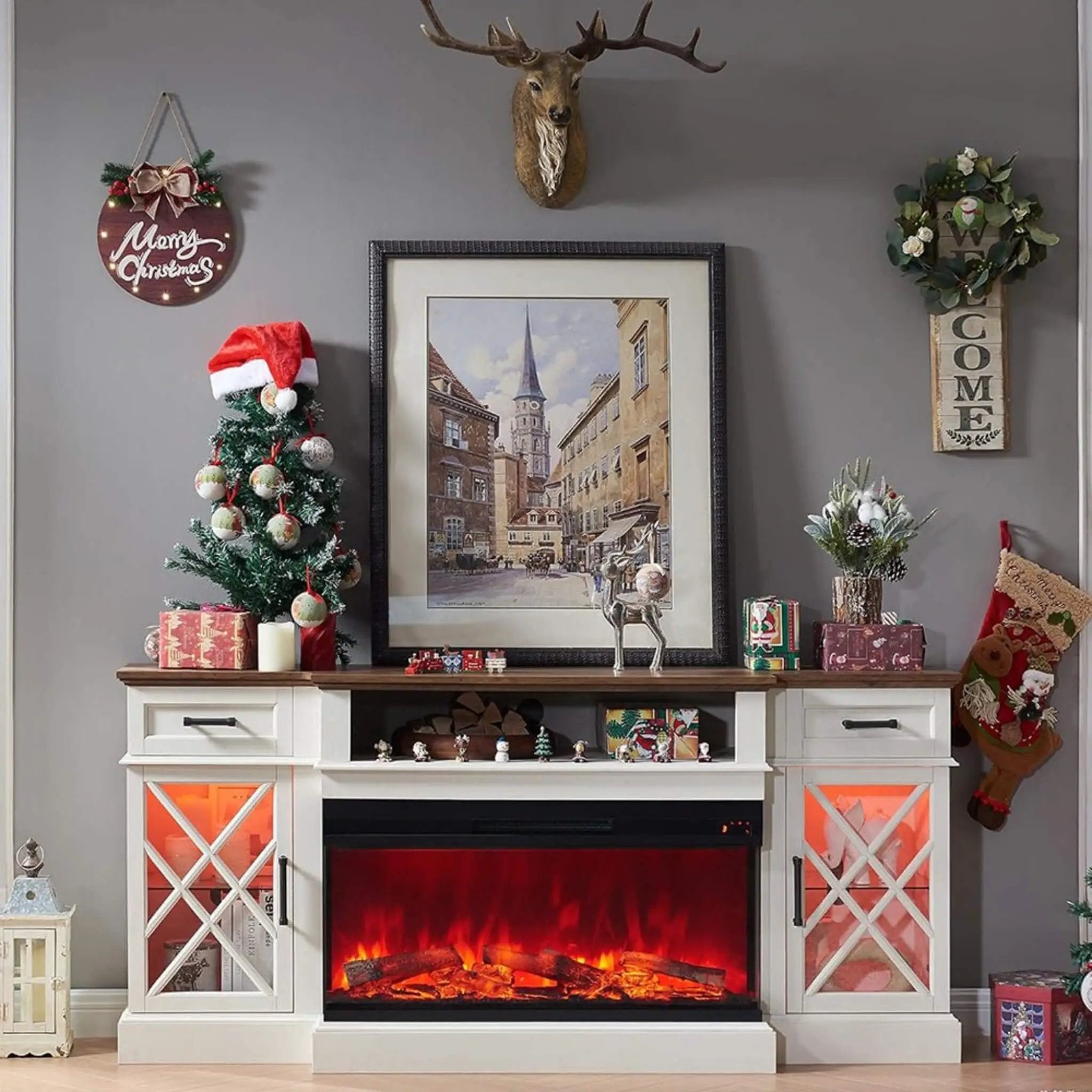 Nuvia Electric 70-Inch Fireplace TV Stand With Glass Door Storage Cabinet (SAK58627) by SAKSBY WHOLESALE