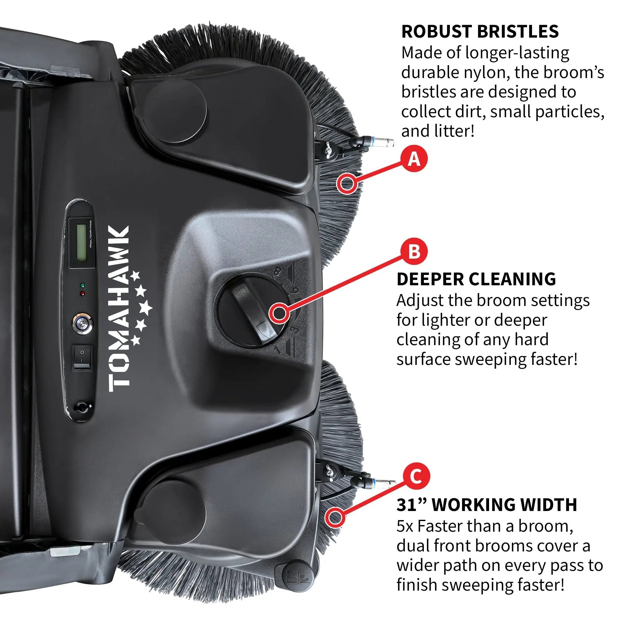 30" Battery Powered Push Sweeper with Triple Power Brooms Electric Drive and Dust Suppression Sprayer by Tomahawk Power