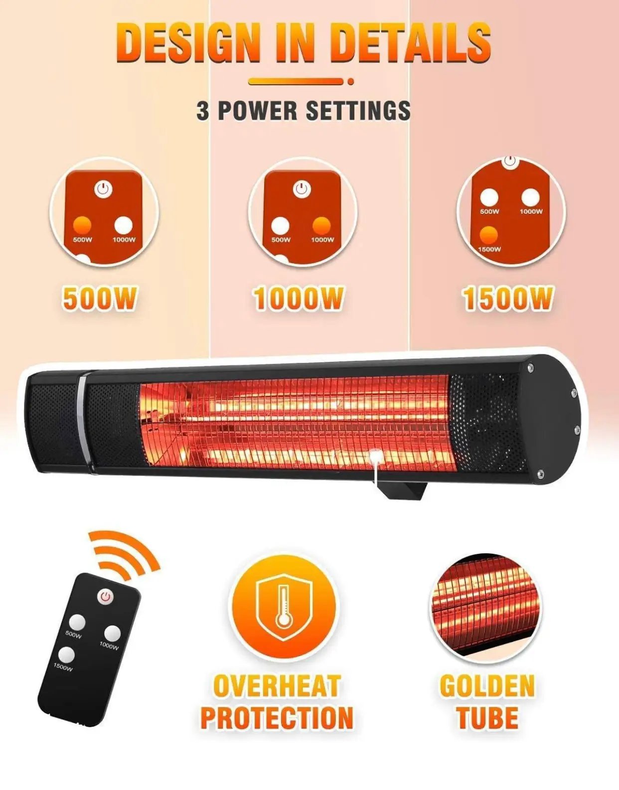 1500W Electric Patio Heater – Plug-In Outdoor Infrared Wall Heater with Remote Control, 3 Heat Settings, IP65 Waterproof, Overheat Protection, Indoor & Outdoor by Outdoor Solar Outlet